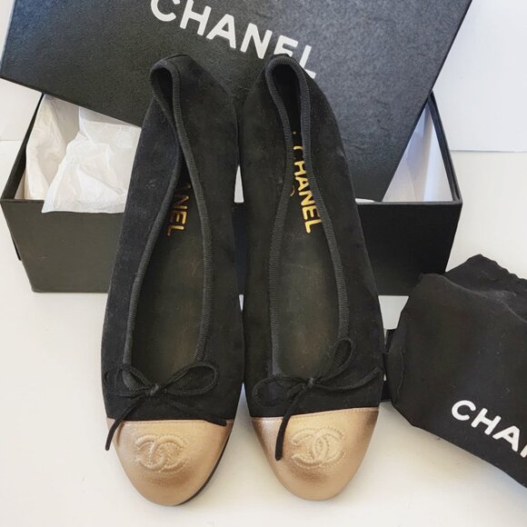 CHANEL Black Suede & Gold Cap Toe Ballet Flats - Size EU 37; Style # AG02819 - Picture 11 of 15